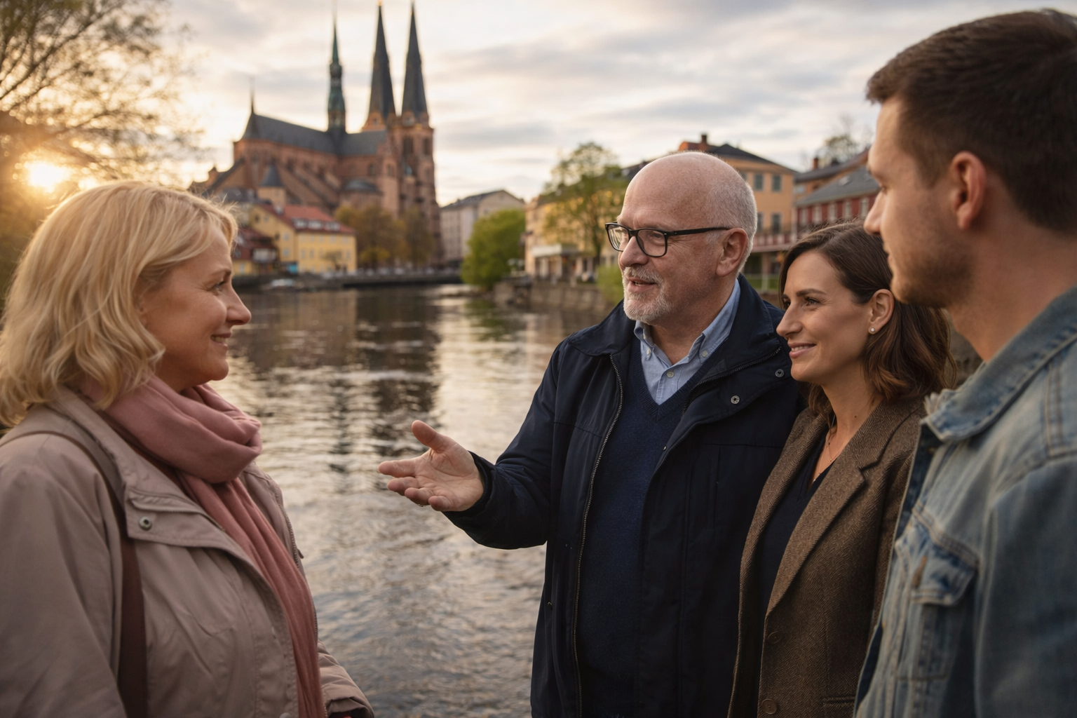 Människor i samtal vid Fyrisån i Uppsala